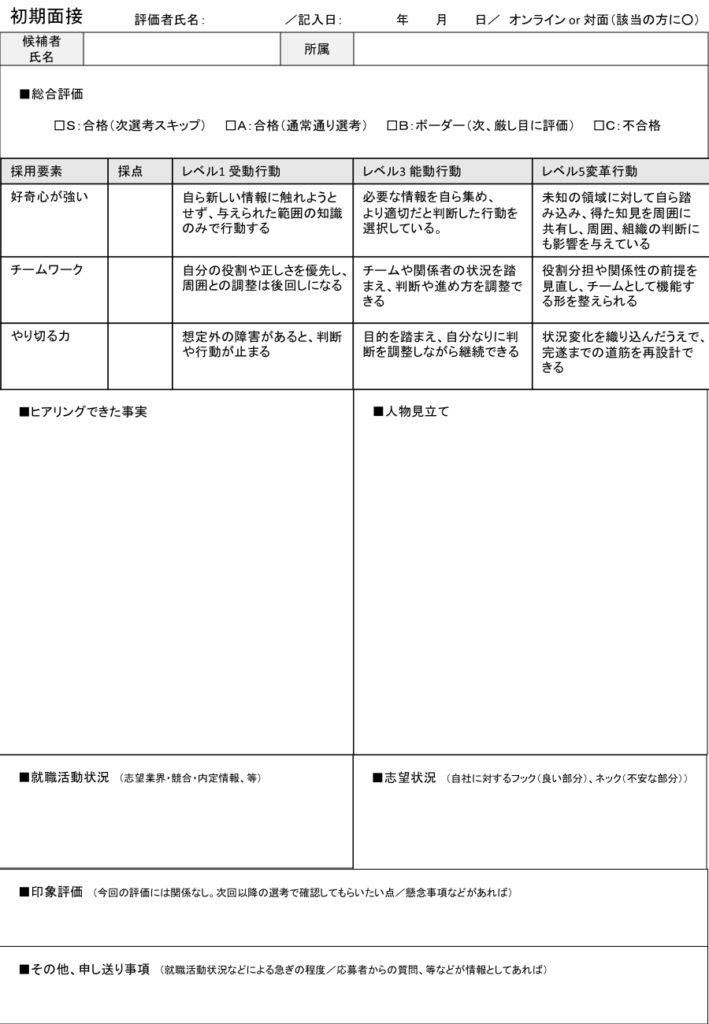 初期面接評価シートテンプレート（コンピテンシー評価対応・バイアス抑制）PowerPoint形式